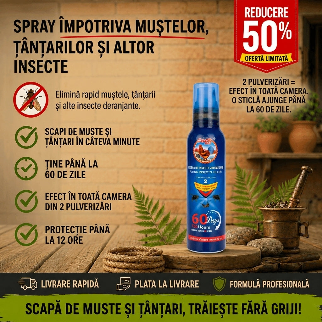 Spray Scapă de insecte - beneficii: efect în toată camera, 60 de zile, protecție 12 ore